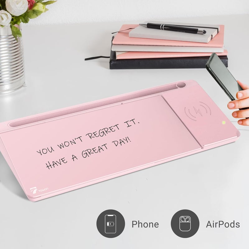 TOWON Desktop Glass Whiteboard with Charger Pad, Small Desk Whiteboard - Glass Dry Erase White Board- Desk Computer Buddy with Storage, Mirror and Charging Station, Pink, 17 x 6 in - Image 3